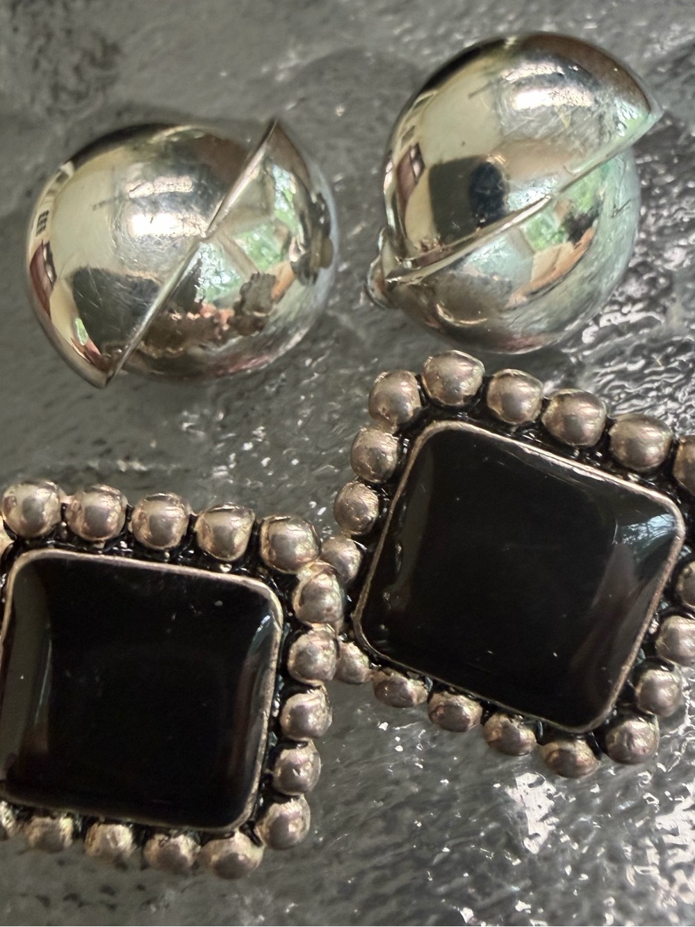 TWO Pair Clip-on Earrings Black Square  & Abstract Silver